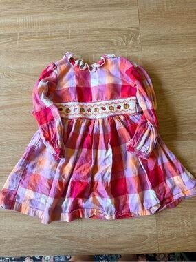 Girls Pink & Orange Plaid Long-Sleeve Dress with Embroidered Waist